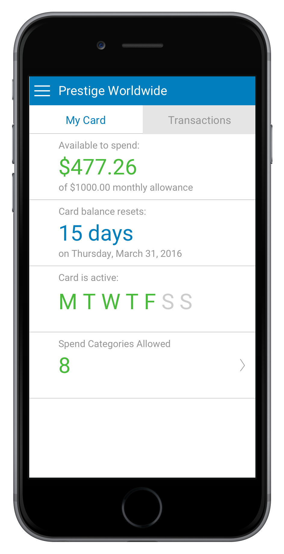 Bento mobile — My Card: $477.26 of a $1,000 monthly allowance, resets in 15 days, active Mon-Fri, 8 approved categories